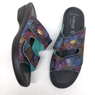 $80 FLEXUS by Spring Step 8.5 39 Sandal Slide Snakeskin Metallic Italy - Image 1 of 4