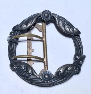 Antique Victorian Art Nouveau Gunmetal Floral Twisted Circle Belt Buckle - Picture 1 of 6