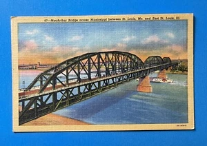 St. Louis Missouri MacArthur Bridge Mississippi Riverboat Vintage Linen Postcard - Picture 1 of 2