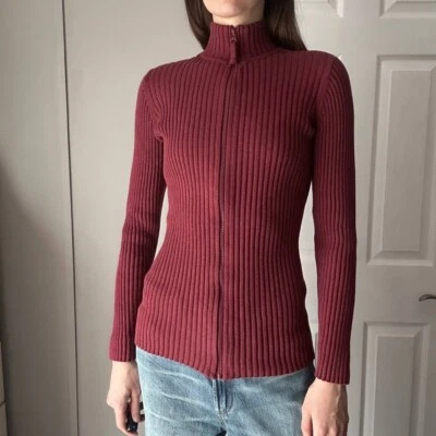 Suéter acanalado manga larga algodón con cremallera completa tallado con volantes para mujer M Foto 1 de 4