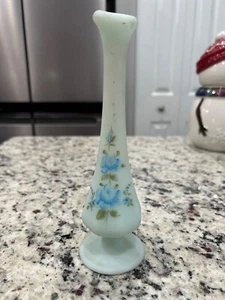 Vintage Fenton Satin Light Blue Hand Painted Bud Vase signed D Anderson 7” - Picture 1 of 7