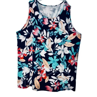 Blusa St Johns Bay XXL regata azul marinho estampa tropical gola redonda sem mangas malha elástica - Imagem 1 de 4