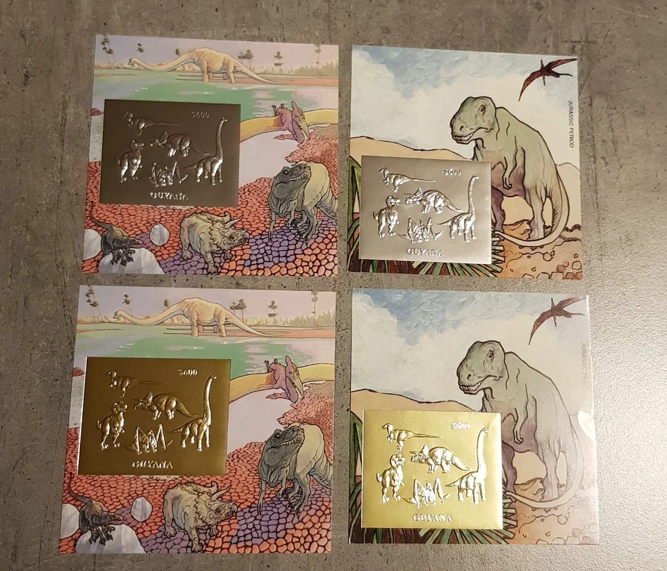 GUYANA DINOSAURIOS Y ANIMALES PREHISTÓRICOS 4 BLOQUES ORO Y PLATA IMPERFORADOS MNH Foto 1 de 1