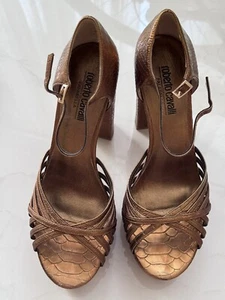 ROBERTO CAVALLI FALABELLA LEATHER GOLD BROWN HIGH HEELS STILETTO SZ 8 - Picture 1 of 24