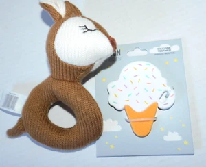 Baby Infant Rattle & Silicone Teether Brown Knit Reindeer and Ice Cream Cone - Picture 1 of 7