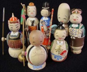 RARE 7 Lucky Gods Nodder Kokeshi Doll Set Fine Detail Old Stock 1960's Mint