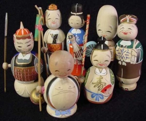 RARE 7 Lucky Gods Nodder Kokeshi Doll Set Fine Detail Old Stock 1960's Mint - Picture 1 of 6