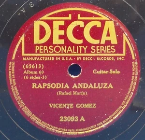 Vicente Gomez (Latin Guitar) 78 Rapsodia Andaluza / Dos Mazurkas EE- A5 - Picture 1 of 2