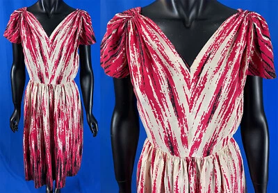 Vestido Vintage Paula Brooks Original Años 40 Rojo Negro Blanco Seda Estampado Rayas Foto 1 de 2