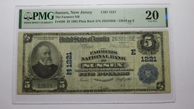 $5 1902 Sussex New Jersey NJ National Currency Bank Note Bill Ch. #1221 VF20 PMG - Image 1 of 4
