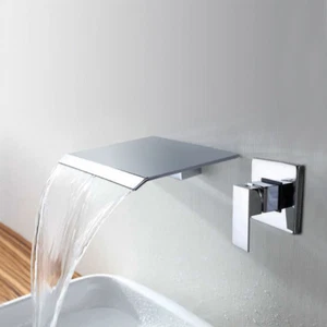 Grifo de latón mezclador montado en la pared para lavabo de baño con caño de cascada - Imagen 1 de 4