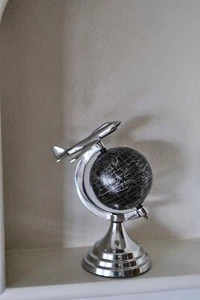 Globo Mundial de Metal Vintage Plata Negro Avión Escuela Política Hogar Decoración - Imagen 1 de 11