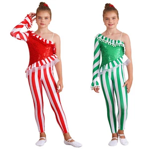 UK Girls Candy Cane Costume Stripe Christmas Bodysuit Xmas Dancewear Jumpsuit - Picture 1 of 25