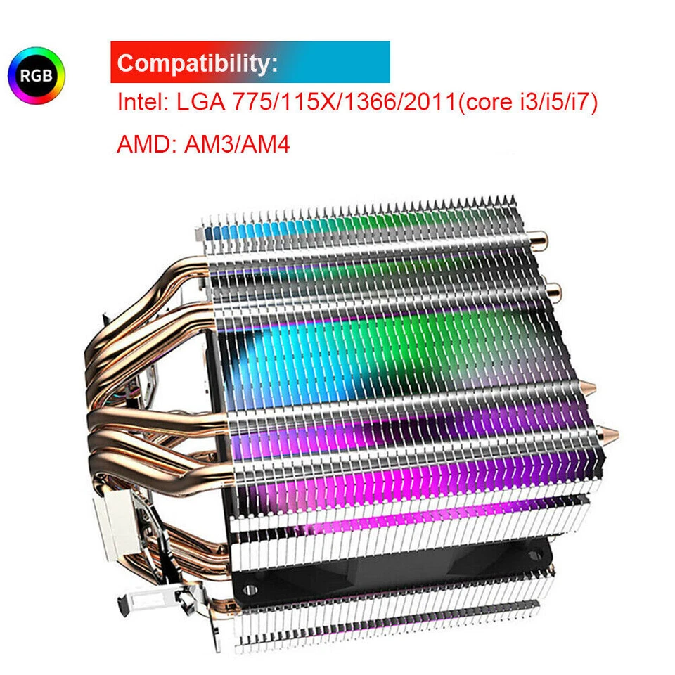 Aigo 6 Heat Pipe CPU Cooler Fan 90mm RGB PWM 3Pin SYNC Computer Heatsink For LGA - Image 1 of 4