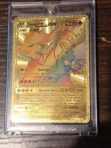 Reshiram & Charizard TAG TEAM Rainbow Gold Foil Card Fan Art Cards Pokemon Cards - Picture 1 of 2