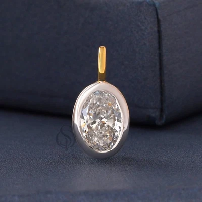 1CT овальный лаборатории выращенный бриллиант безель подвеска двухцветное золото ожерелье подвеска | 14K/18K - Изображение 1 из 4