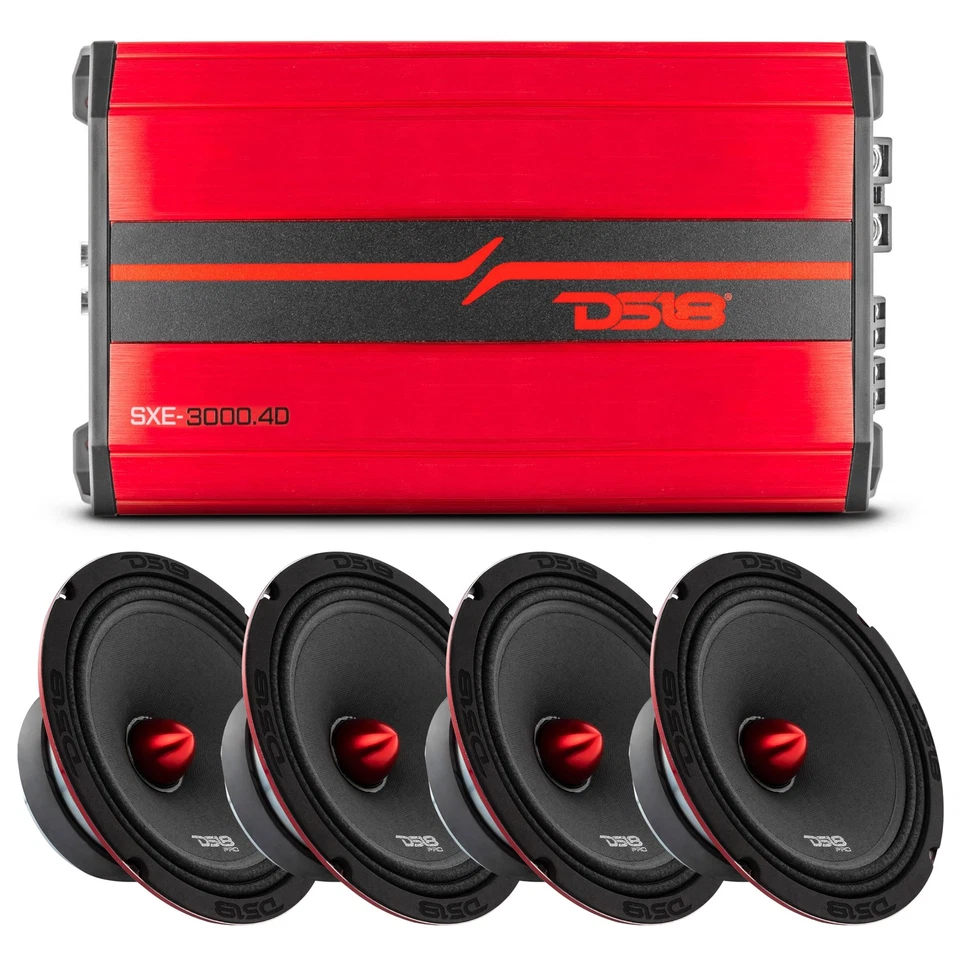 Altavoces DS18 4x X8.4BM 8" Gama Media 2200W 4 Ohm con Amplificador Rojo 3000W 4 Canales Foto 1 de 4