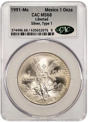 🔥🔥1991-Mexico 1oz Silver Libertad by CAC MS-68, Type 1, only 1 Higher!!🔥🔥 - Image 1 of 2