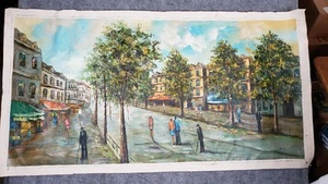 Oil Painting on Canvas Street Trees People Shops Cityscape Unframed 50" X 27" - Picture 1 of 6
