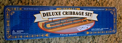 Deluxe Cribbage Set Metal Box Solid Wood Board Continuous Track - JS45 - Image 1 of 4