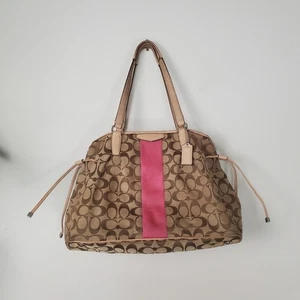 COACH F28501 Signature PINK Drawstring Satchel Classic Brown Tote Purse USED - Picture 1 of 15