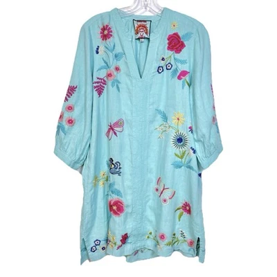 Vestido Johnny Was JWLA Arla Bishop Manga Lino Boho Chic Turquesa J37023 Talla S Foto 1 de 4