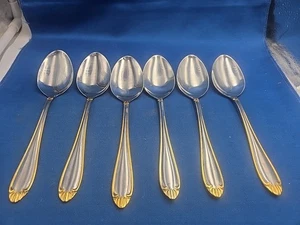 Lot 6 Hampton Silversmiths ABIGAIL-GOLD ACCENT Stainless Oval Soup Spoons 7 3/4" - Picture 1 of 7