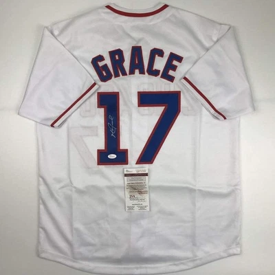 Camiseta de béisbol blanca autografiada/firmada de Mark Grace Chicago certificado de autenticidad JSA automática Foto 1 de 4