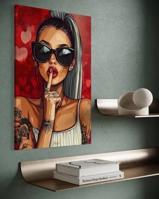 Schöne Frau Leinwand Bild Erotik Wandbild Modern GTA Style Gaming Lippen Sexy - Bild 1 von 3