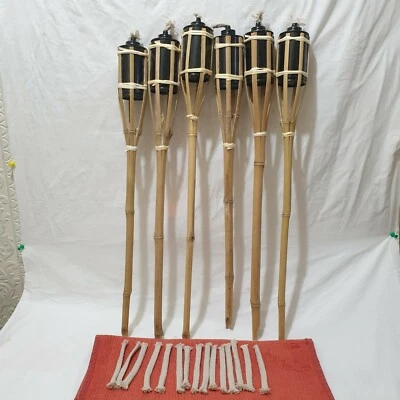 Bamboo Tiki Torches  90CM Garden Outdoor Party Torch  6 pcs + spare wicks  15pcs - Image 1 of 4