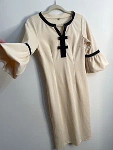 Womens Knit Sheath Dress Black Bow Trim Poof Sleeve Size S Nude Beige Yellow - Picture 1 of 12