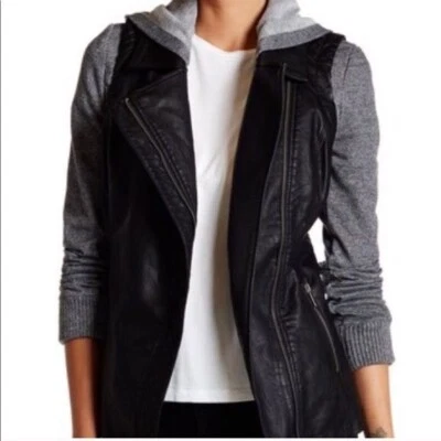 BNCI by Blanc Noir Faux Leather Moto Jacket with knit sleeves Womens L - Image 1 of 4