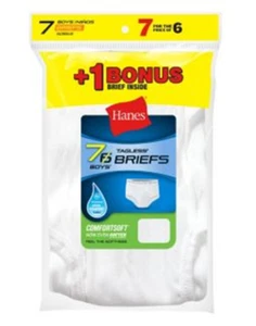 Hanes Boys' TAGLESS White Briefs 7-Pack (Includes 1 Free Bonus Brief) - Picture 1 of 2