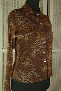 PRIMA Vintage Animal Print Semi-Sheer Blouse S-M Leopard Spotted Shell Buttons - Picture 1 of 6