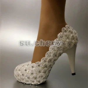 su.cheny 3" 4 " heel white ivory lace pearls Wedding shoes pumps bride size 5-11 - Picture 1 of 5