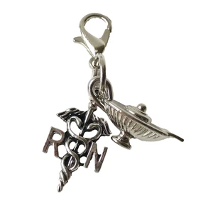 RN Nursing Caduceus Lamp Clip On Charm Zipper Pull Purse Charm Silver Plated - Picture 1 of 12