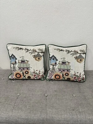 2 Vintage Fashion Brand Decor Pillows Tapestry Knit Spring Floral Easter Birds - Image 1 of 4