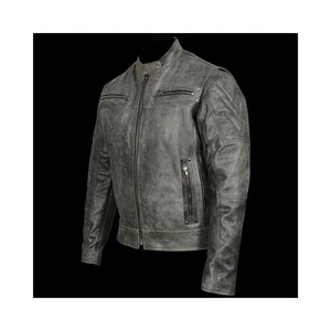 Men's Distressed Gray Padded Vented Leather Scooter Jacket - Picture 1 of 8