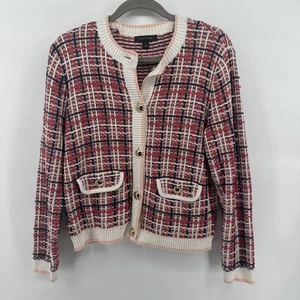 Ann Taylor Women Navy, Pink Tweed Sweater Cardigan Gold Buttons Size Medium - Picture 1 of 9