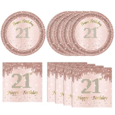 21st Birthday Rose Gold Party Supplies Rose Gold Birthday Supplies Plates and... - Image 1 of 4