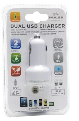 PULSE  White Dual Twin Multi USB Port Adaptor Socket in Car Smartphone Charger  - Image 1 of 4
