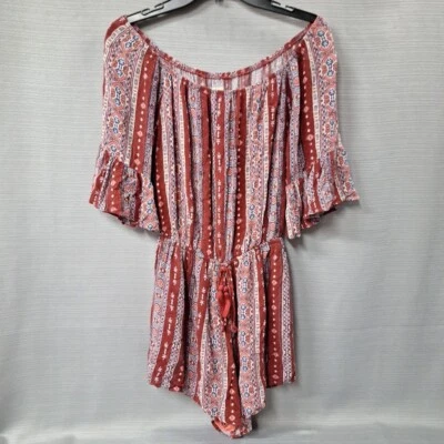 Holister Striped Boho Romper 3/4 Sleeve Tasseled Tie Waist Red Women's Size L - Image 1 of 4