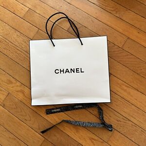 CHANEL White & Black Paper Medium Shopping Gift Bag with Ribbon