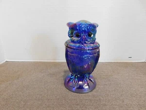 Cobalt Blue Carnival Glass Iridescent Owl Candy Dish Glass Eyes - Picture 1 of 7