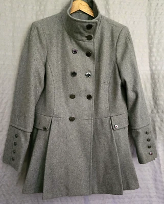 Calvin Klein Pea Coat Womens 14 Gray Wool Pleated Hem Steampunk Military READ - Image 1 of 4