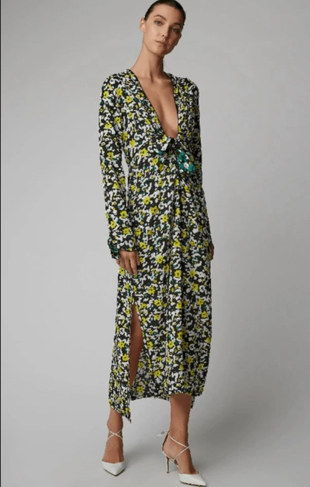 Vestido Proenza Schouler Manga Larga Multicolor Floral Cuello en V Crepé Nudo Talla Midi Foto 1 de 4