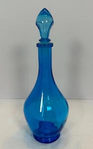 Vintage MCM Blue Glass Decanter Genie Stoppered Bottle Made in Belgium 11 in - Picture 1 of 11