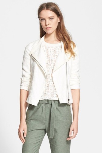 OFF WHITE Giacca Vince Frise off white leggera tweed moto asimmetrica cerniera nuova con etichette XL