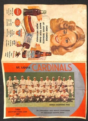 JUNE 12, 1951 BROOKLYN DODGERS @ ST. LOUIS CARDINALS SCORECARD, SCORED - Image 1 of 2