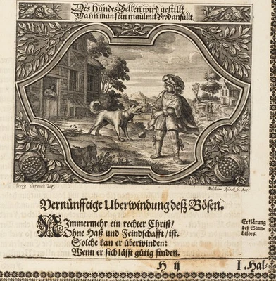 KÜSELL (*1626) nach STRAUCH (*1613), Emblem. Bändigen eines wilden Hundes, KSt. - Bild 1 von 4